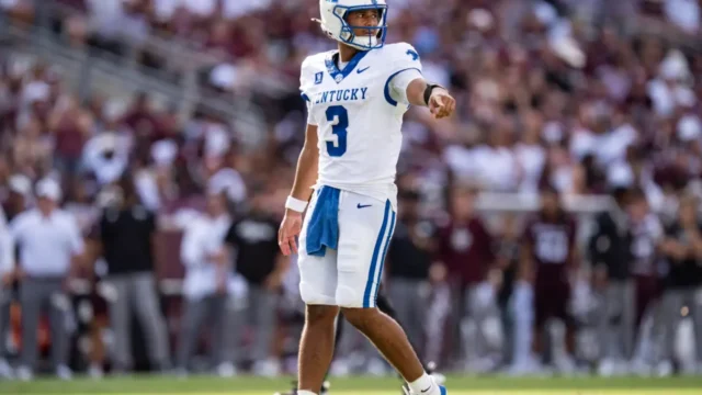 Kentucky quarterback Kenny Minchey throwing a pass during the road win at Kyle Field against Texas A&M